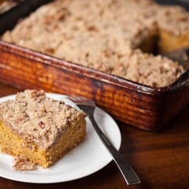 You will love this moist and delicious Pumpkin Streusel Coffee Cake for breakfast. It makes the perfect start to a cool and crisp Fall morning.