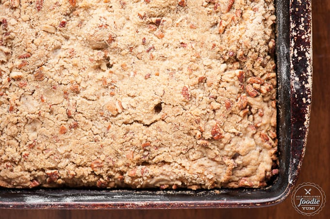 A close up of pumpkin coffee cake with Streusel