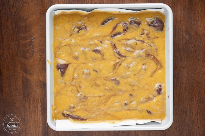 pumpkin swirl brownies in a silver dish