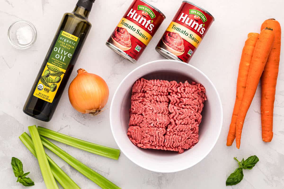 ingredients needed to make beef ragu sauce.