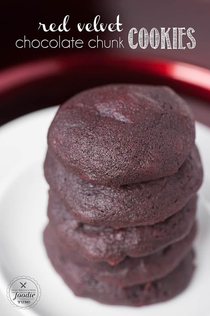stack of red velvet cookies made with beets