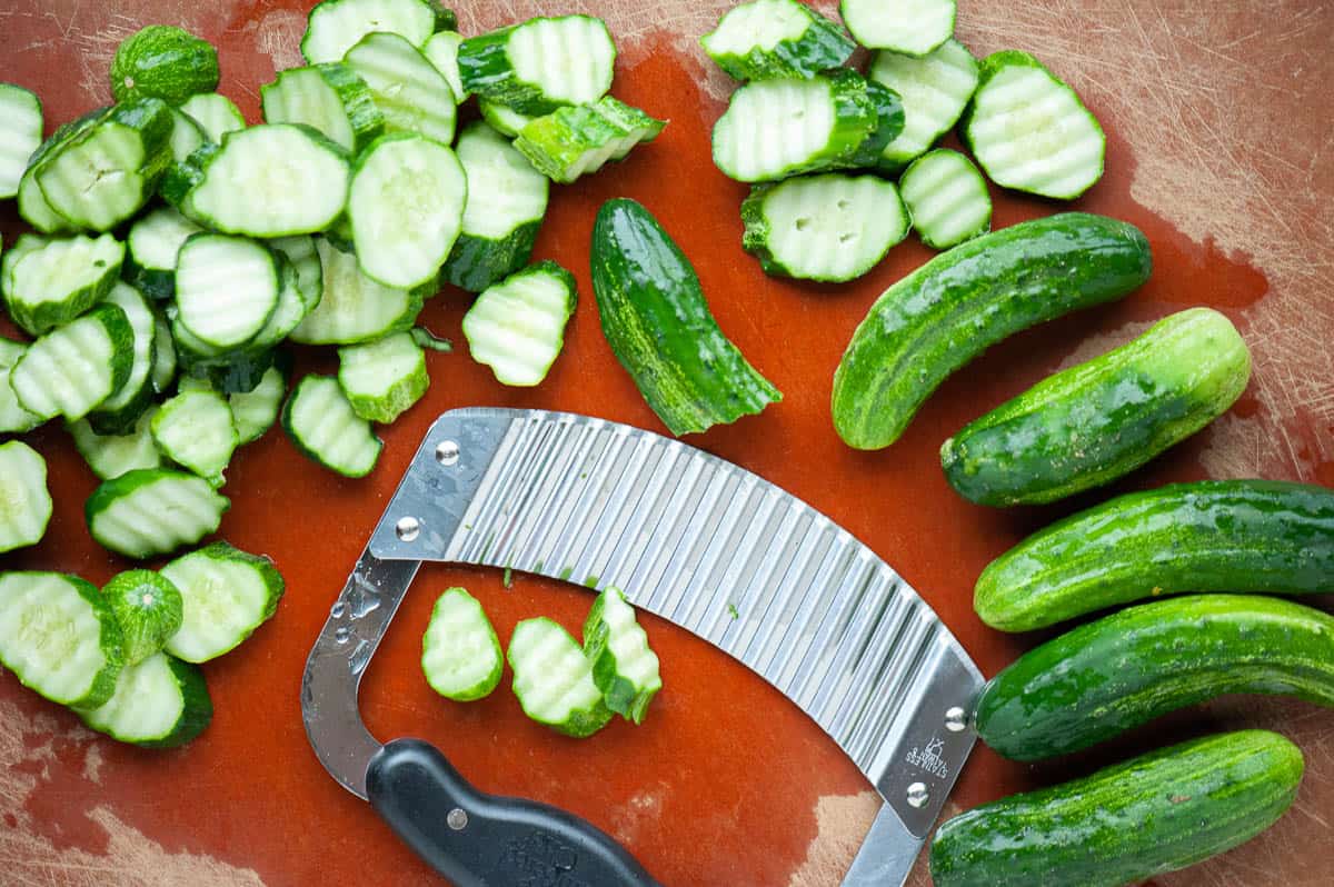 slicing pickling cucumbers.