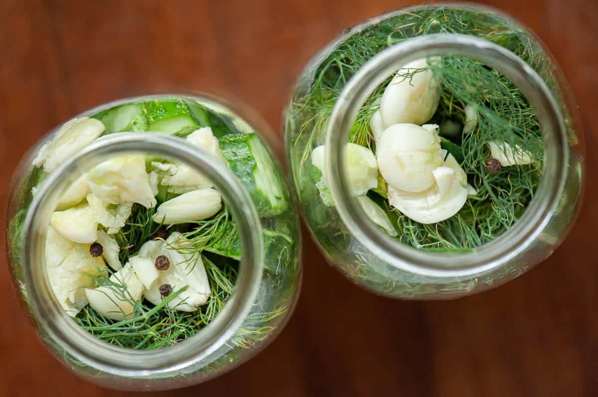 mason jars filled with chopped pickling cucumbers, garlic, dill, and whole peppercorns.