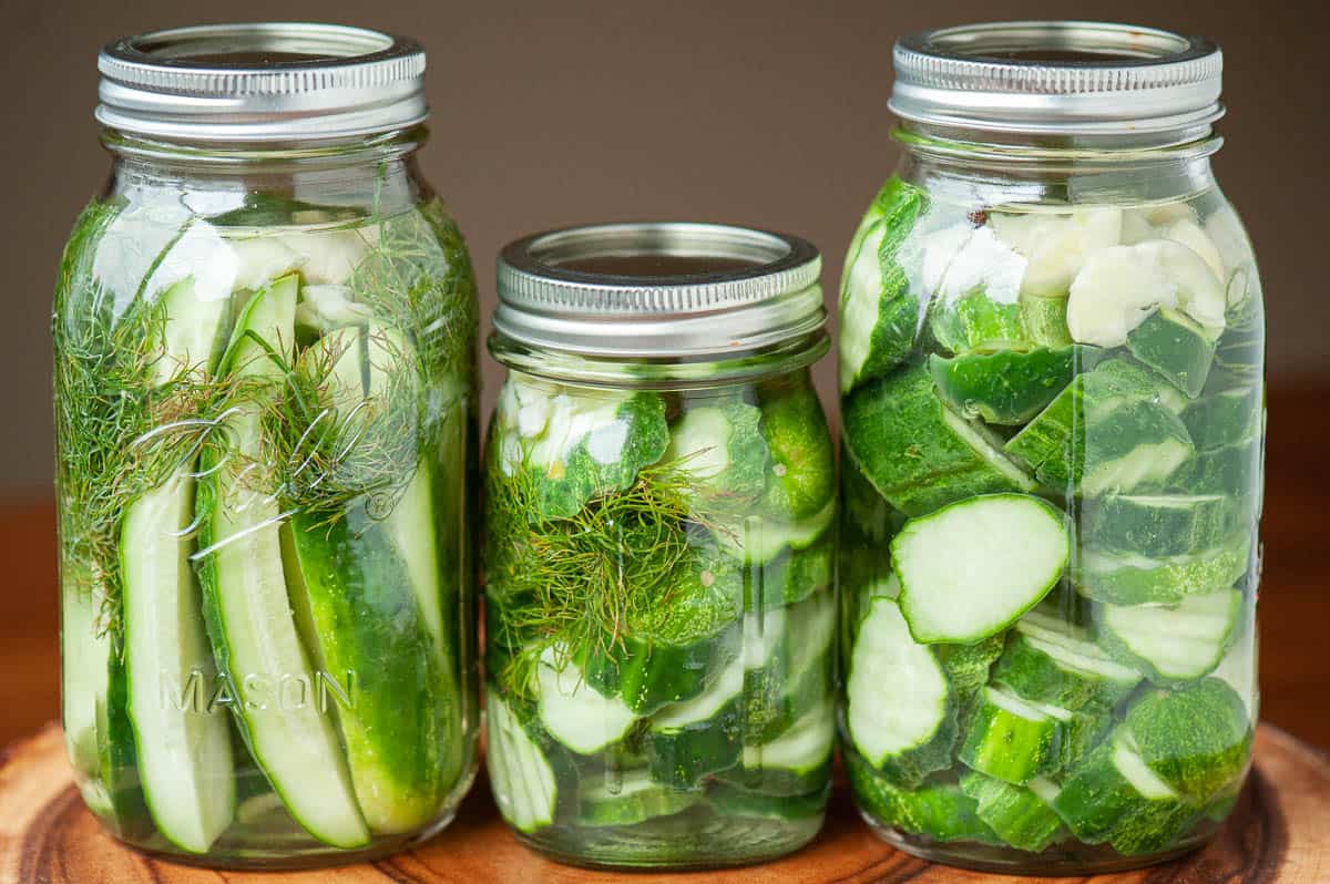 homemade refrigerator dill pickles in mason jars.