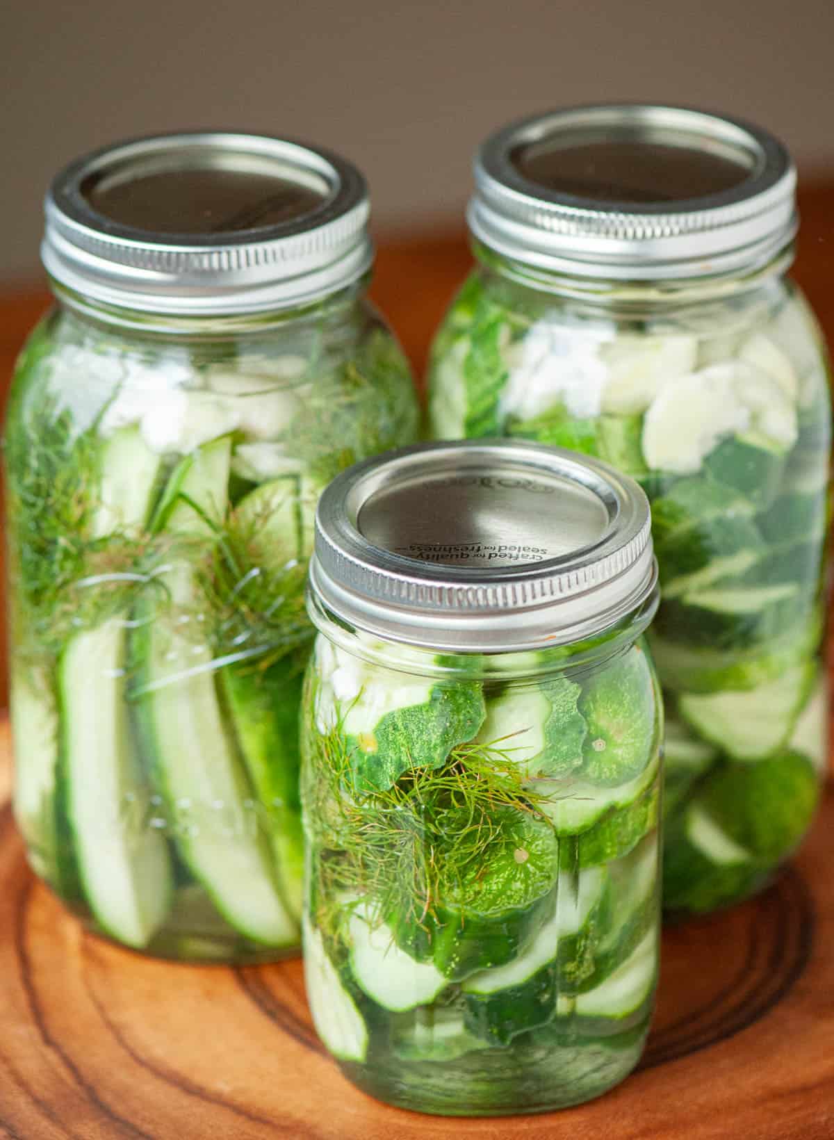 homemade refrigerator dill pickles in mason jars.