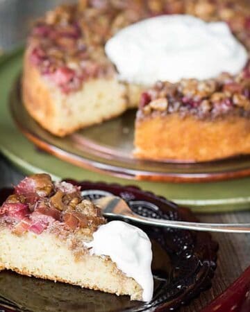 Upside Down Rhubarb Walnut Cake is a heavenly summer dessert made perfect with a moist cake topped with a sweet and tart crunchy fruit topping.
