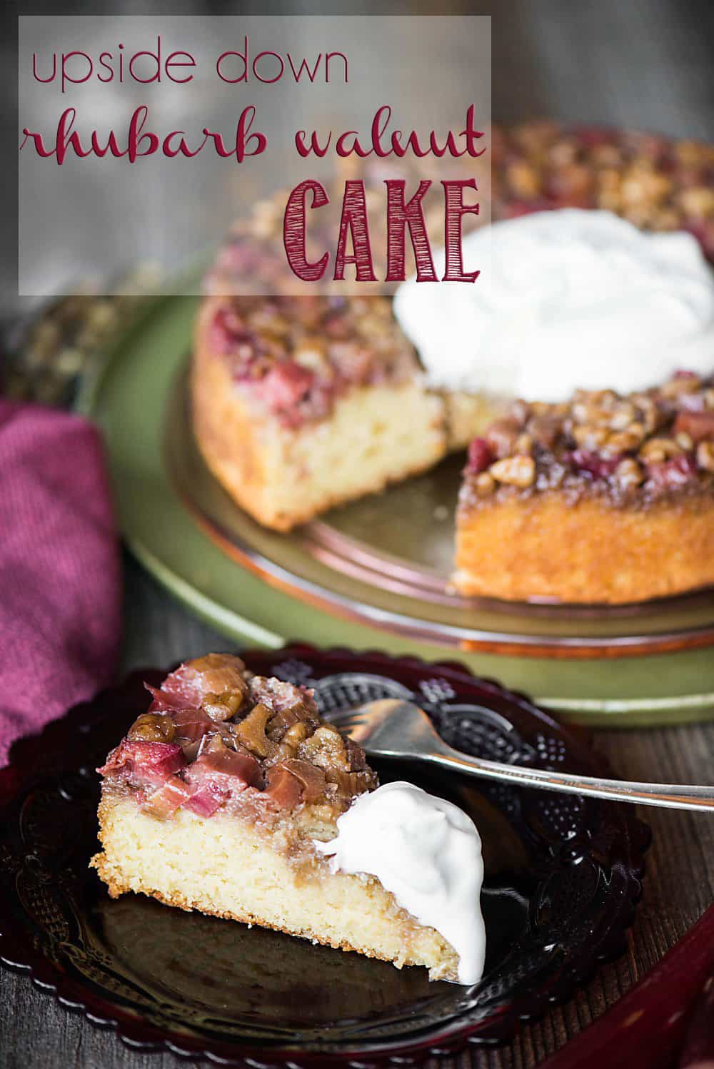 A slice of upside down rhubarb walnut cake