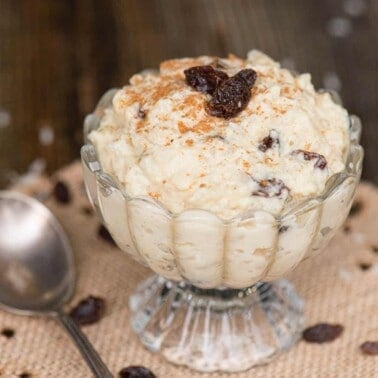 homemade rice pudding with raisins in dish