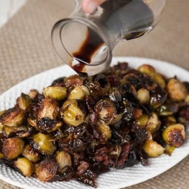 Roasted Balsamic Bacon Brussels Sprouts are an easy and flavorful side dish perfect for a weekday family dinner or a Thanksgiving or Christmas holiday meal.