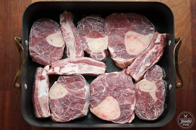 beef bones in roasting pan