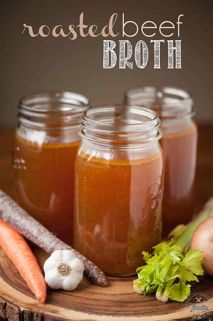 three quart jars of roasted beef broth