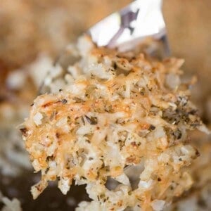 roasted cauliflower rice on spoon