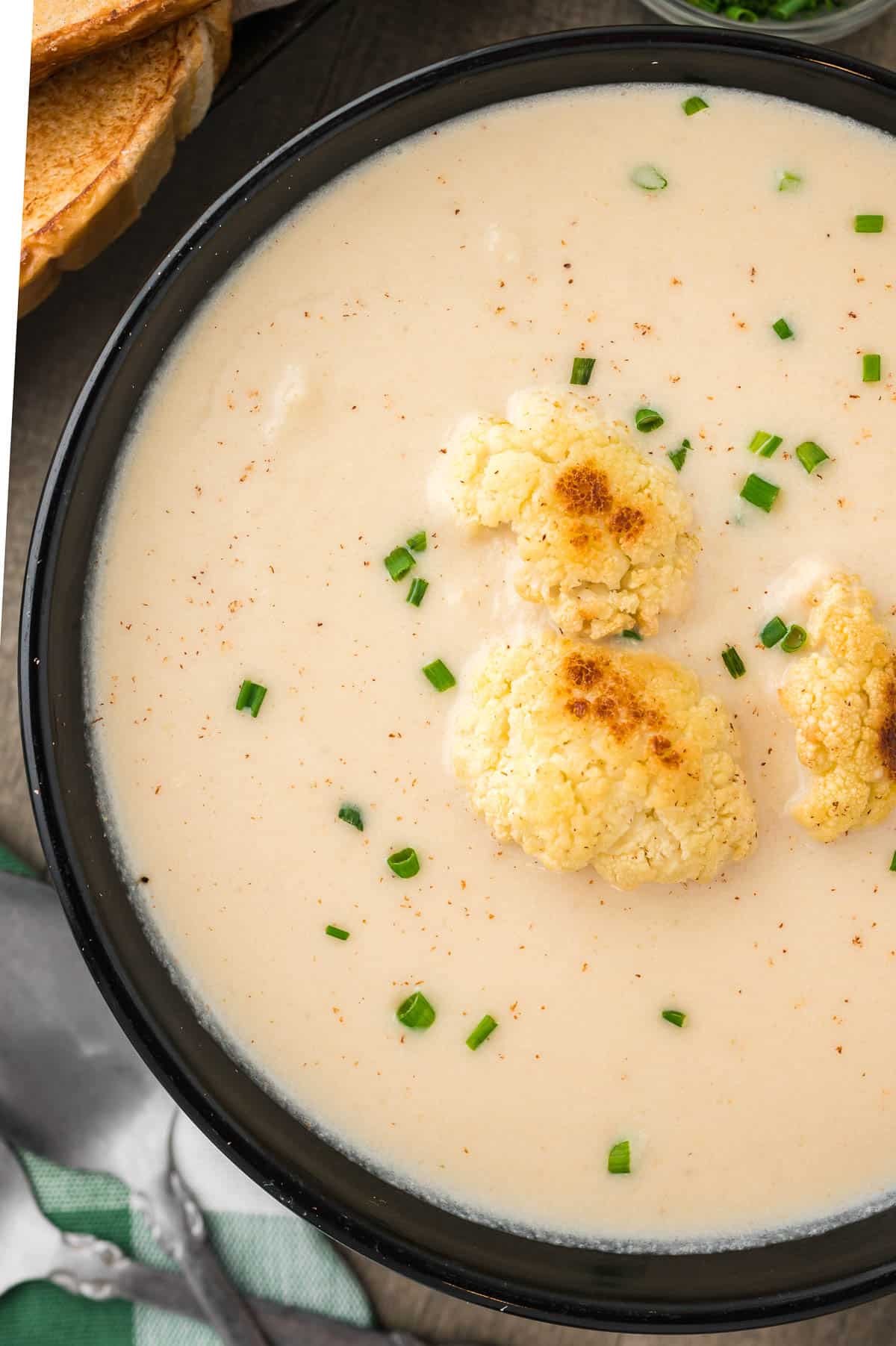 roasted cauliflower soup with chives and nutmeg.