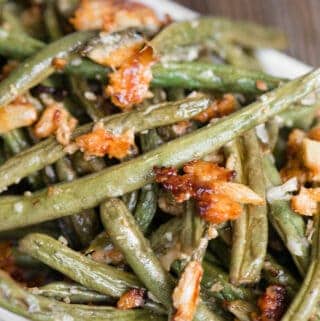 close up picture of Roasted Green Beans with parmesan
