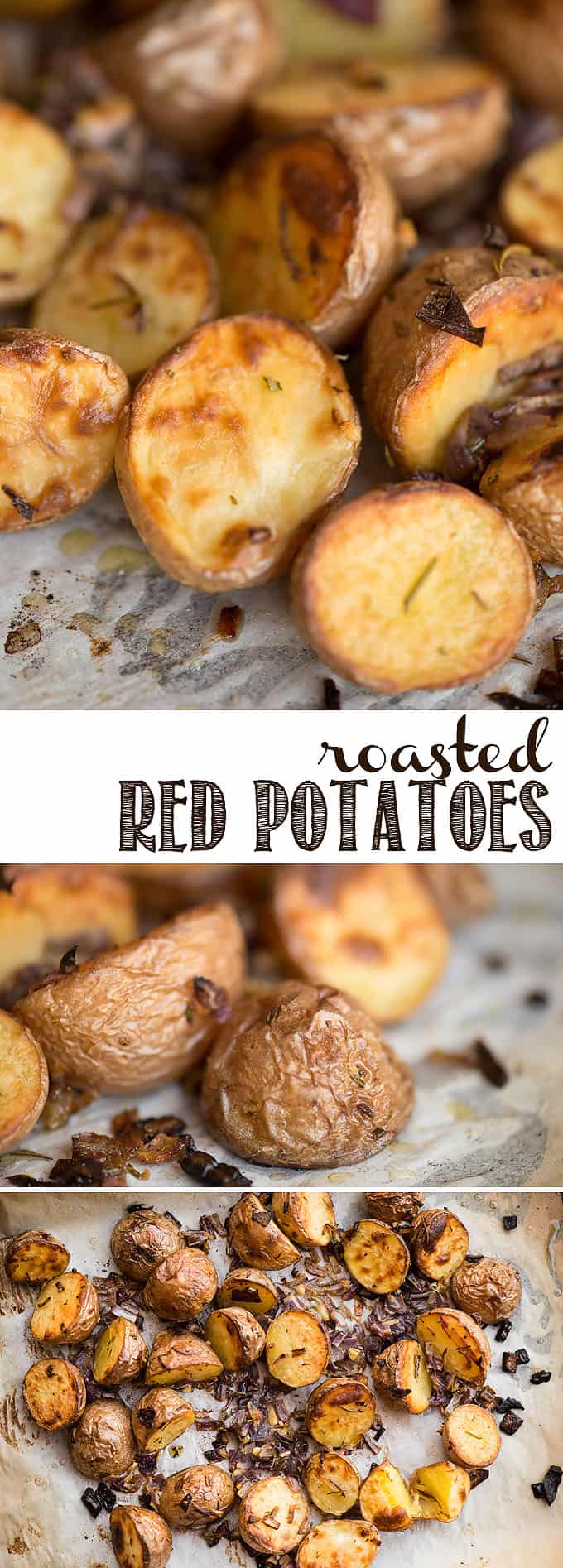 Roasted Red Potatoes are one of the tastiest and easiest vegetarian side dish recipes you can make! Baby red potatoes are halved and roasted in the oven with olive oil, red onion, fresh rosemary, garlic and salt. They are creamy on the inside and crispy on the outside. You won't find a better recipe! #roastedredpotatoes #redpotatoes #rosemary #roasted #sidedish #potatoes #oven #easy #rosemary #garlic #healthy #crispy