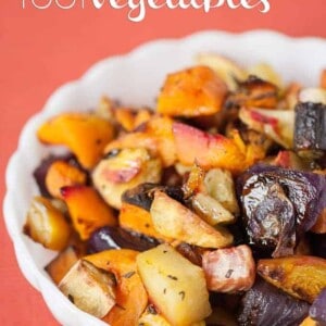 roasted root vegetables in a white bowl