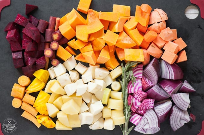 cut up veggies on a cutting board