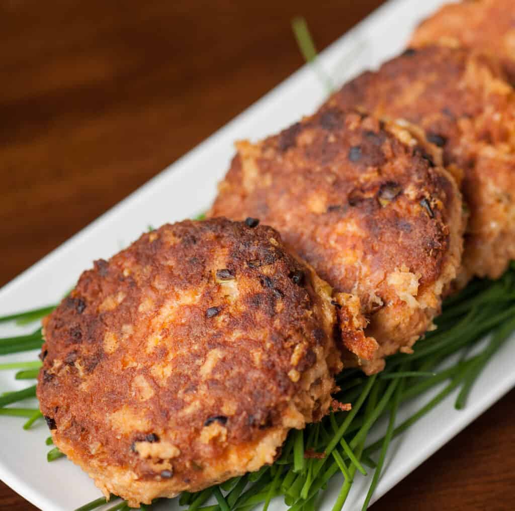 platter with crispy homemade salmon patties