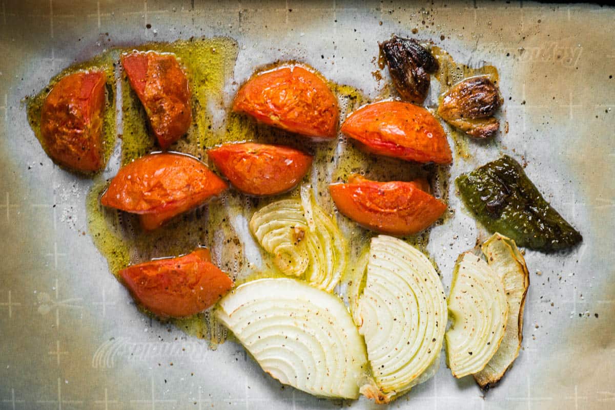 roasting tomatoes and onions.
