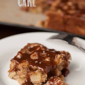 a slice of apple cake with caramel topping