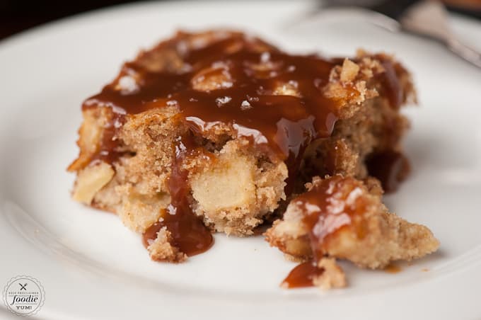 A close up of fresh apple cake with caramel topping