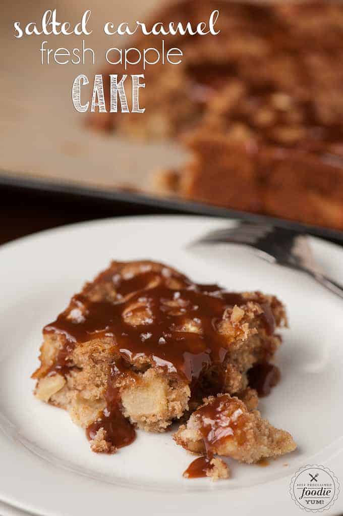 a slice of apple cake with caramel topping