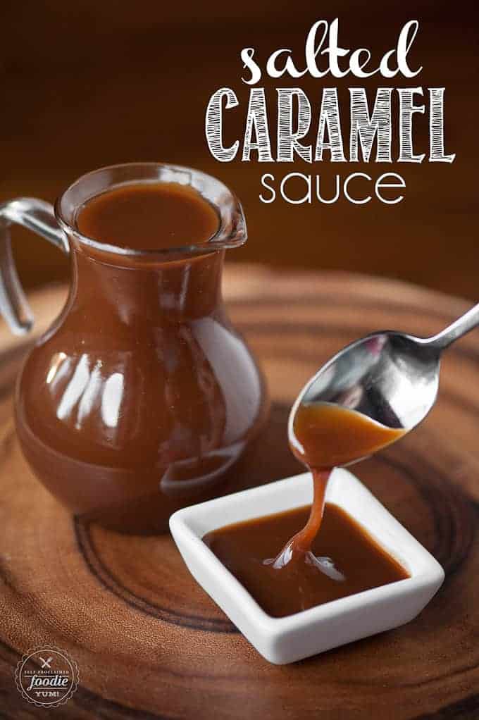 caramel sauce in small glass pitcher and on spoon