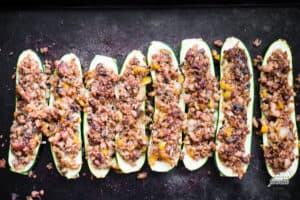 Top view of sausage Zucchini Boats