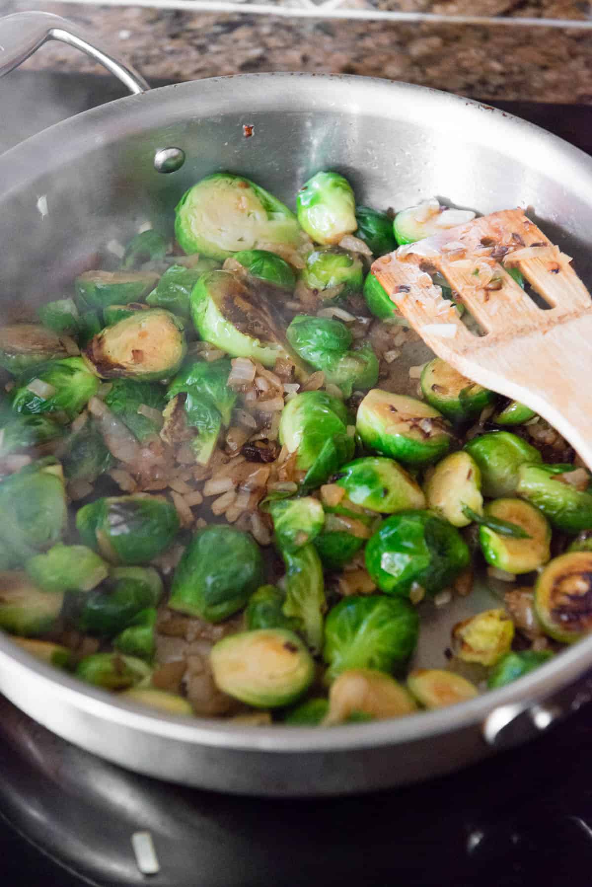cooked fresh Brussels Sprouts with diced onion