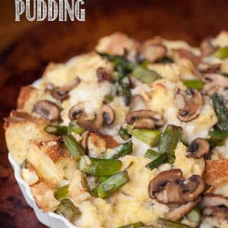 This Savory Bread Pudding with mushrooms, asparagus, and your favorite cheese is a delicious make ahead breakfast perfect for entertaining!