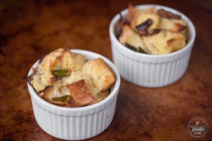 a small bowl of savory bread pudding
