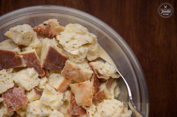 a bowl of cut up bread