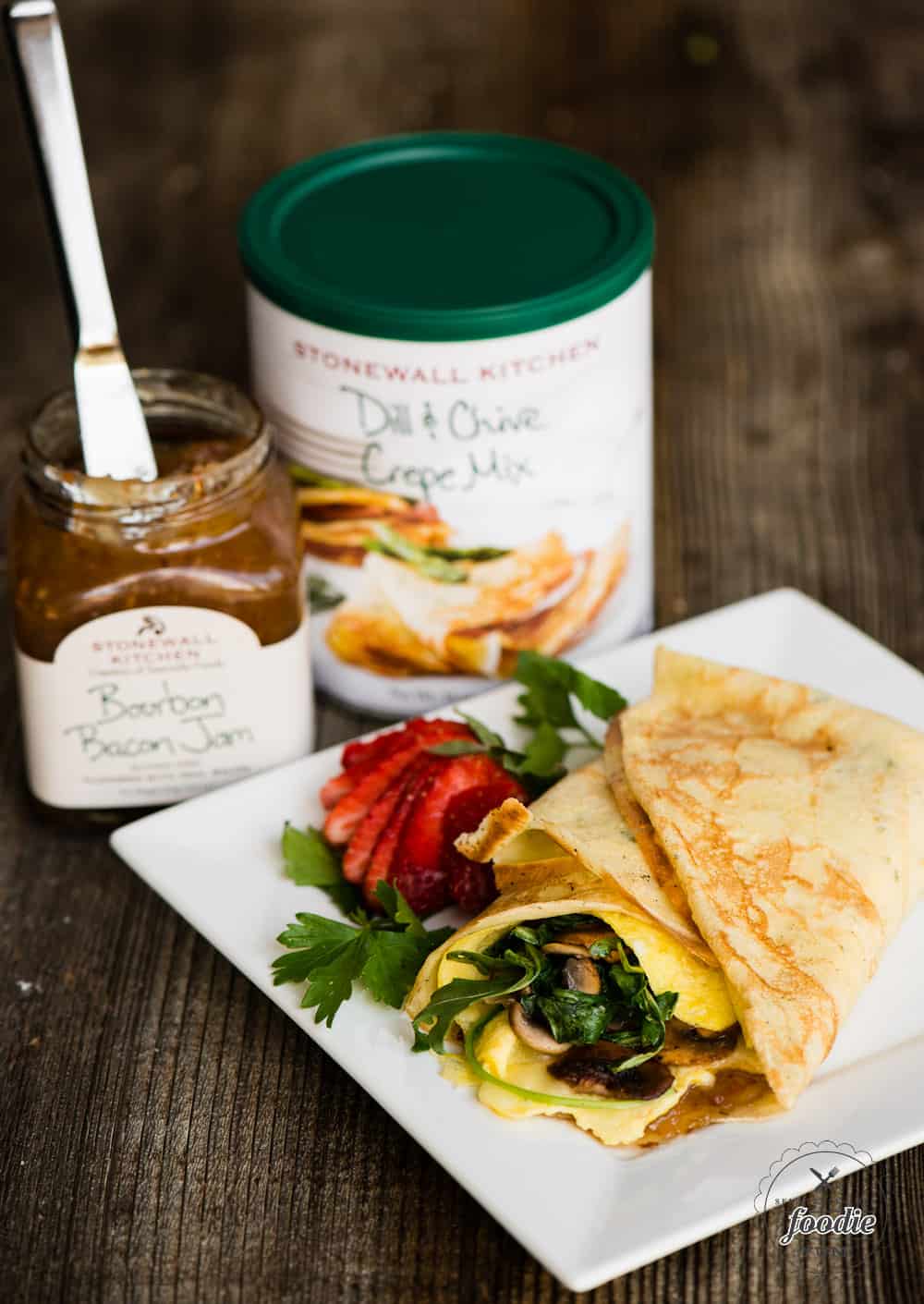 How to use Stonewall Kitchen dill and chive crepe mix, bourbon bacon jam for an egg breakfast