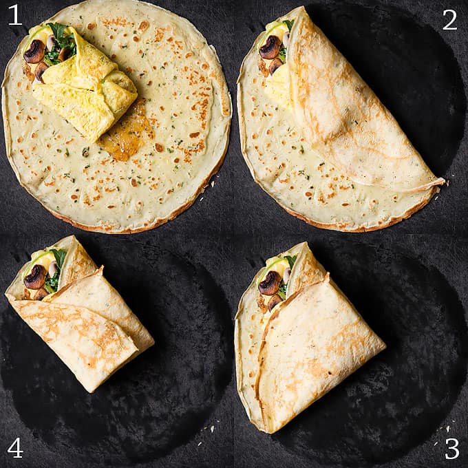 How to assemble savory crepes around eggs for breakfast