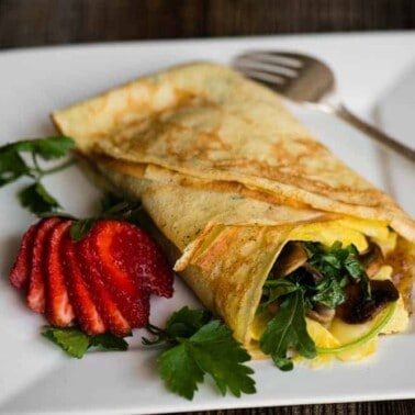 How to make Savory Breakfast Crepes with eggs, veggies, cheese, and bourbon bacon jam