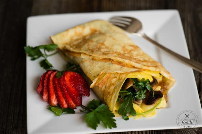 How to make Savory Breakfast Crepes with eggs, veggies, cheese, and bourbon bacon jam