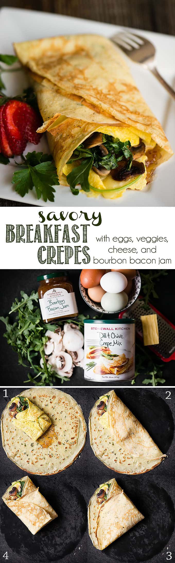 Savory Breakfast Crepes with Bourbon Bacon Jam are an incredibly easy and delicious option to start your day. Savory Stonewall Kitchen Dill & Chive Crepes are wrapped around egg, cheese, arugula and mushrooms. Bourbon Bacon Jam adds an intense sweet and salty flavor that ties the entire spring inspired meal together! #crepes #savorycrepes #dill #chive #bacon #bourbon #baconjam #breakfast #breakfastcrepes #eggs #arugula #mushroom
