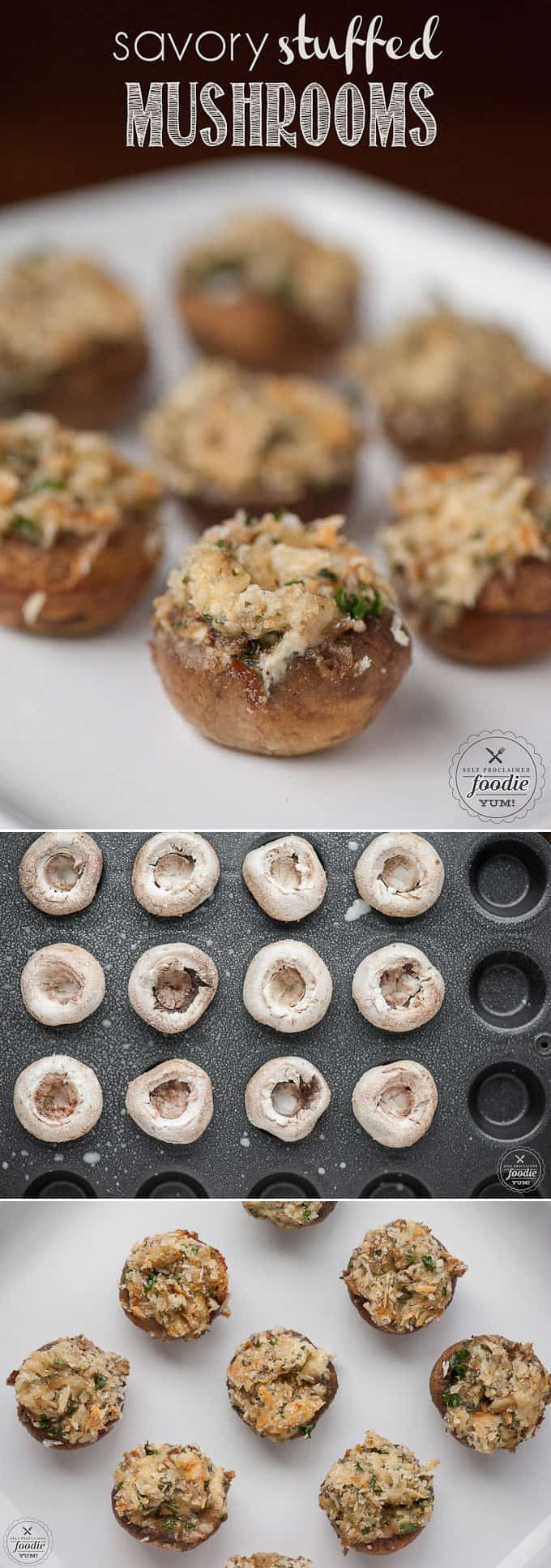 Savory Stuffed Mushrooms, filled with a warm flavorful garlic and cheese mixture, are bite sized appetizers that will please everyone at your dinner party.