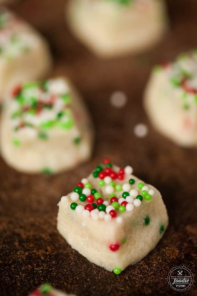 Shortbread Cookie Bites are a fun bite sized sweet treat that can be made for any birthday or holiday by customizing the fun sprinkles you choose!