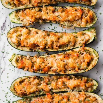 six shrimp zucchini boats with parmesan