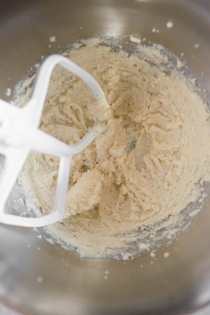 creamed butter and sugar in stand mixer bowl