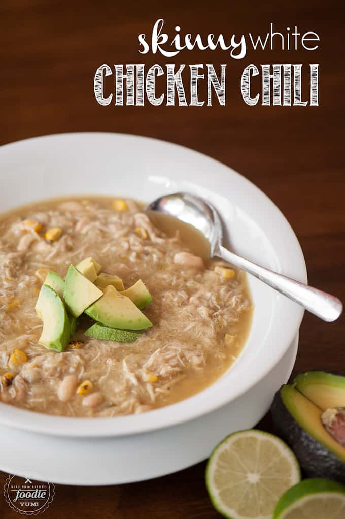 White chicken chili with avocado on top