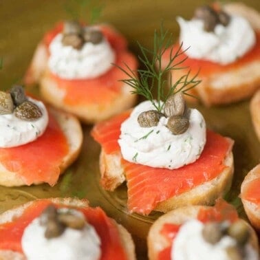 A close up smoked salmon crostini.