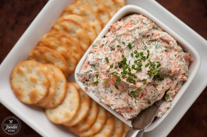 top down picture of Smoked salmon dip with cream cheese, bacon, and hot smoked salmon