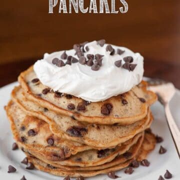 stack of graham cracker chocolate chip pancakes with marshmallow topping