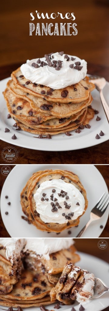 Start your morning off with a sinful treat of S\'mores Pancakes made from graham cracker chocolate chip pancakes topped with homemade marshmallow creme.