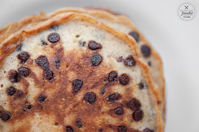 A close up of a chocolate chip pancakes