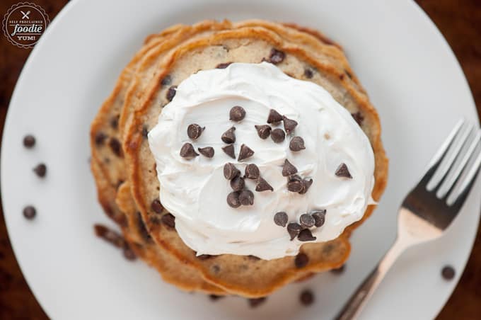 looking down at a stack of s\'mores pancakes