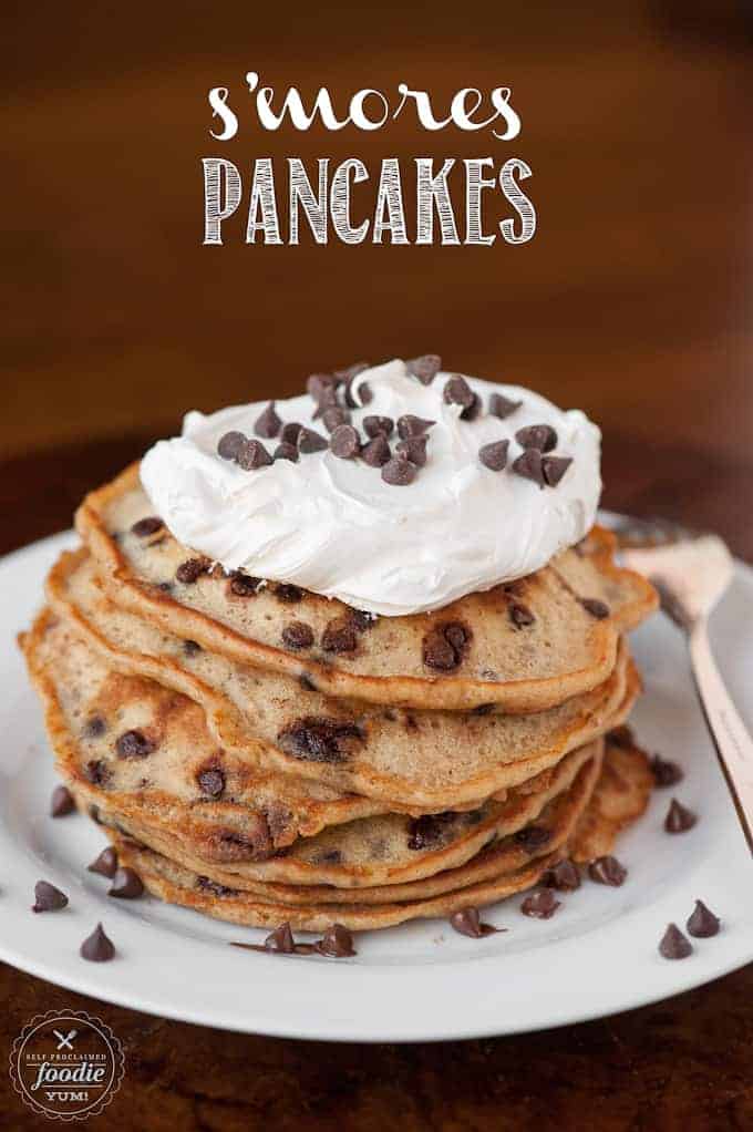stack of graham cracker chocolate chip pancakes with marshmallow topping