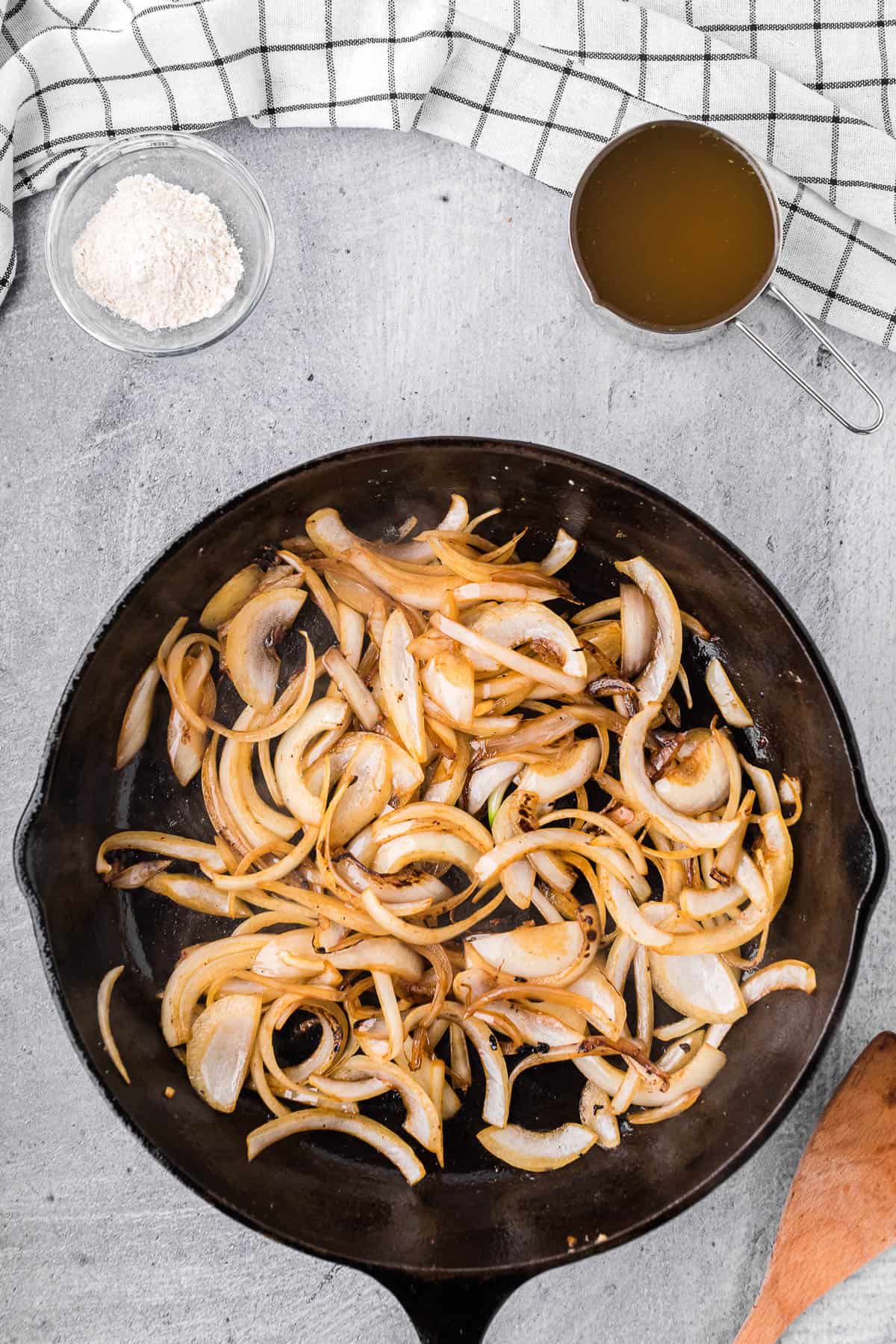sauteed onions in cast iron skillet.